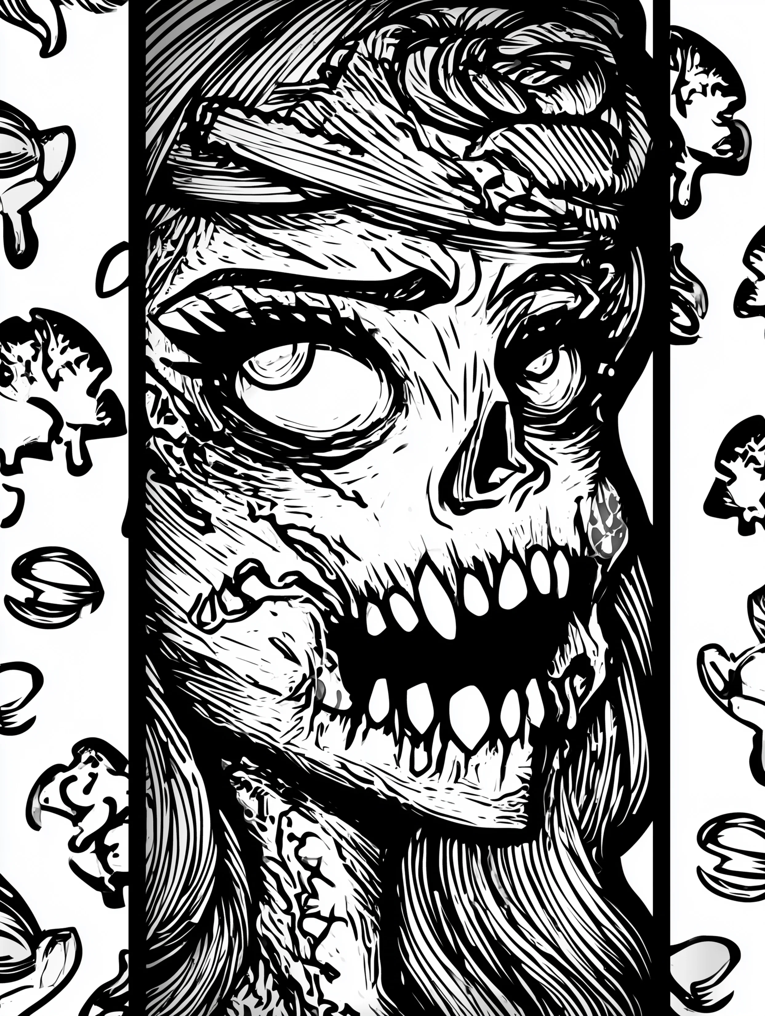 Free printable zombie coloring page for adults featuring a female zombie face from the right